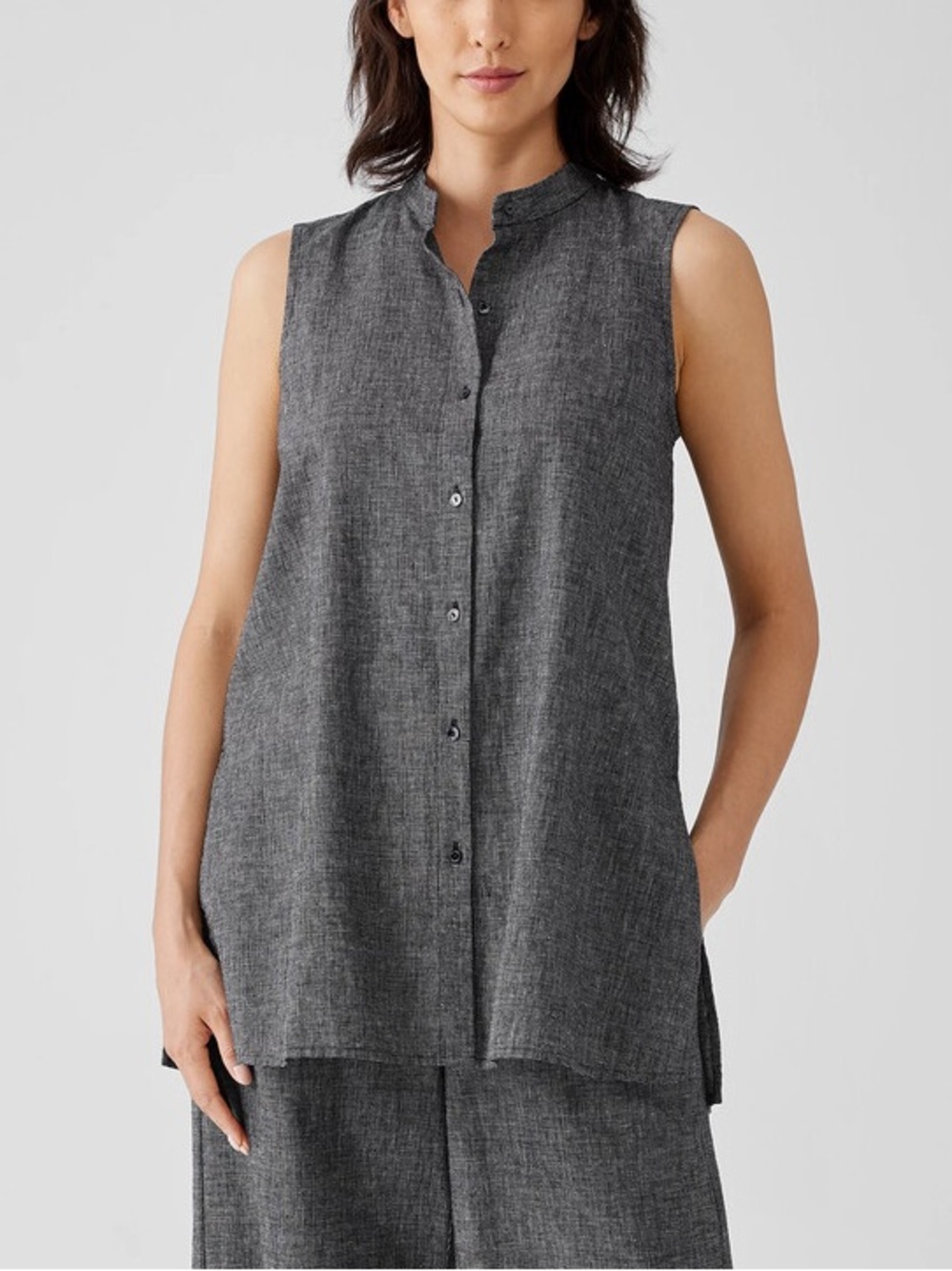 Eileen Fisher Hemp Organic Cotton Grid Mandarin Collar Shirt